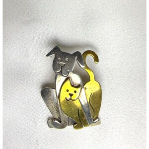 Vintage Far Fetched Cat and Dog Stick Pin Mixed Metal Brass Silver Tone Artisan